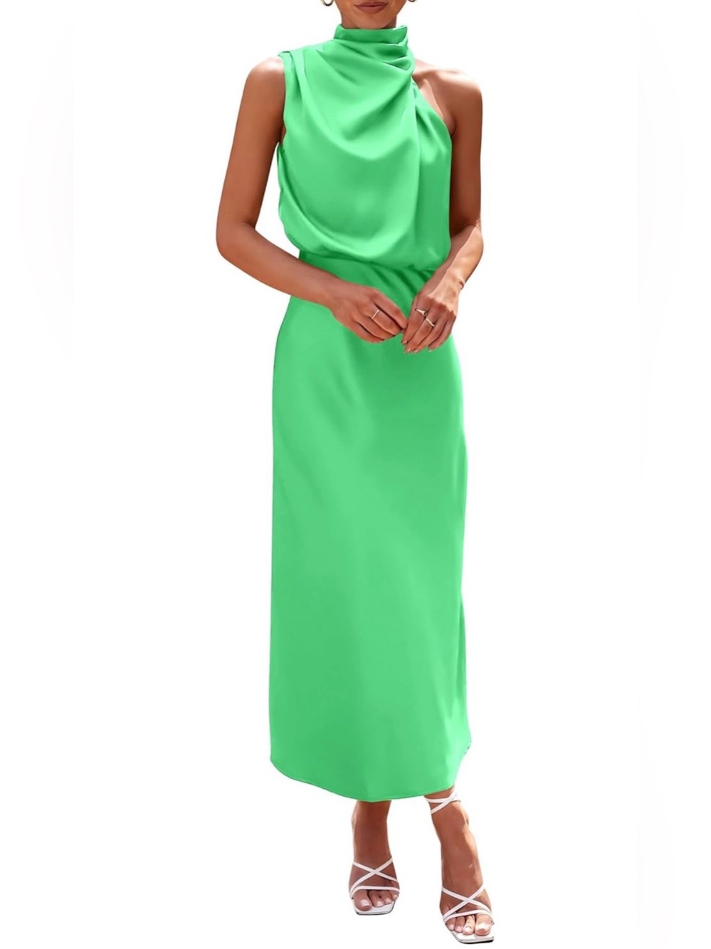 New Retro Size Medium Grass Green Satin Mock Neck Sleeveless Cocktail Maxi Dress